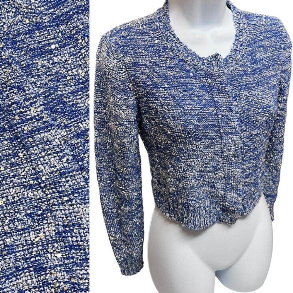 Axara Paris Women’s XS Sequin Crop Sweater Blue Gold Long Sleeve Bright Spring